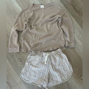 Organic Tan Long Sleeve Top and Striped Shorts Set by Nico.Nico in Los Angeles